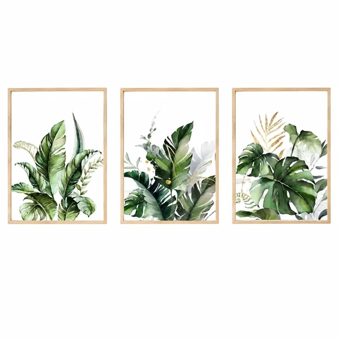 3er Set Botanische Leinwandbilder ohne Rahmen, Tropische Grüne Blätter Poster mit Goldenen Akzenten, Moderne Wanddekoration für Wohnzimmer, Schlafzimmer und Büro