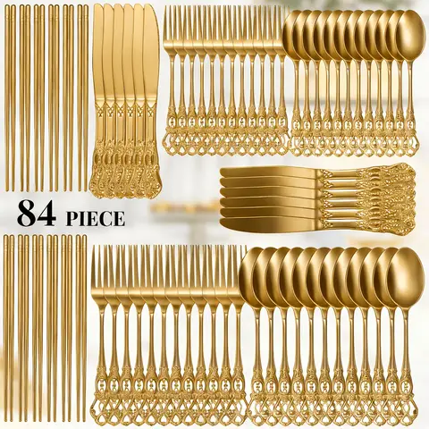 Set de couverts en acier inoxydable doré de 84 pièces, Comprenant cuillère, fourchette, couteau, baguettes, Set de couverts de camping, Adapté pour salle à manger à domicile, hôtel, voyage, ustensiles de ménage, Parfait pour les restaurants, cadeaux de Noël et du Nouvel An