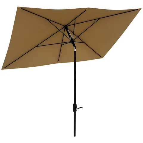 Outsunny 3 x 2 m Garden Parasol Umbrella with Aluminium Pole, UPF 50+ Rectangular Outdoor Table Parasol Sun Shade with Crank & Push Button Tilt, Metal Ribs, Brown