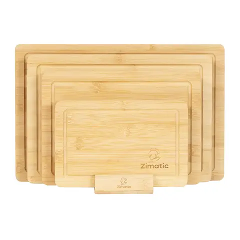 Zimatic 4-Piece Bamboo Chopping Board Set with Non-Slip Holder, Cutting Board as Kitchen Board, Better Than Wooden Chopping Board for Kitchen, Cheese or Fruit with Gift Box