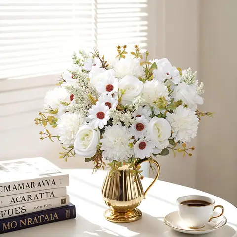 Yuejia 2Pcs 13in/33cmArtificial Flowers Like Real Artificial Bouquet Silk Artificial Roses Bouquet with Daisy Chrysanthemum Pink Flowers for Centerpiece Table Wedding Party Home Decor(white)