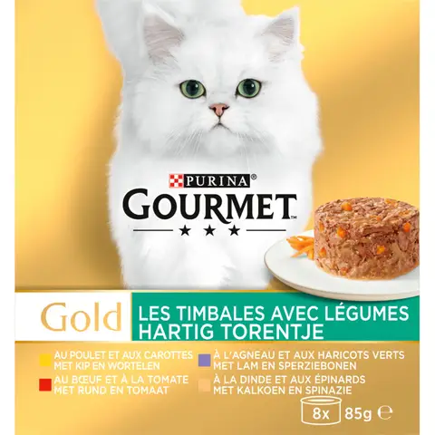 Gourmet Kattenvoer Stoofselectie Rund met Tomaat, Kip met Wortel, Kalkoen met Spinazie & Lam met Sperziebonen 8×85g