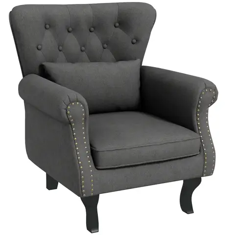 HOMCOM Wingback Armchair, Linen Fabric Accent Chair, Upholstered Fireside Chair with Pillow, Button Tufted Back for Living Room, Bedroom, Home Office, Dark Grey