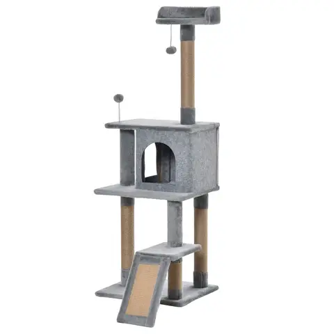 PawHut Cat Tree Tower for Indoor Cats 142cm Climbing Kitten Activity Center with Jute Scratching Post  Board Perch Roomy Condo Removable Felt Hanging Toy, Grey