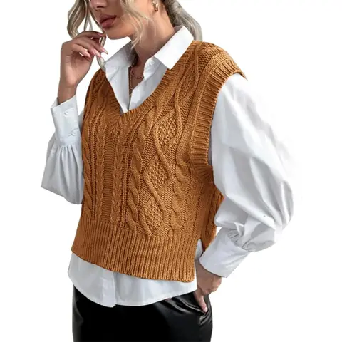 Sweater Vest for Women V Neck Sleeveless Knit Solid Casual Ribbed Preppy Pullover Tops (khaki, S)