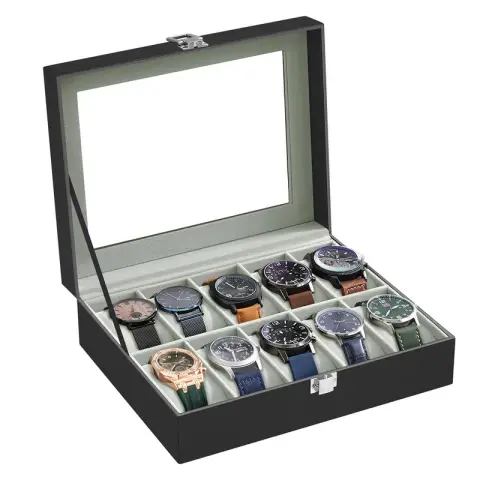 SONGMICS Watch Storage Box, 25x20x7.5cm, Black and Greenish Grey