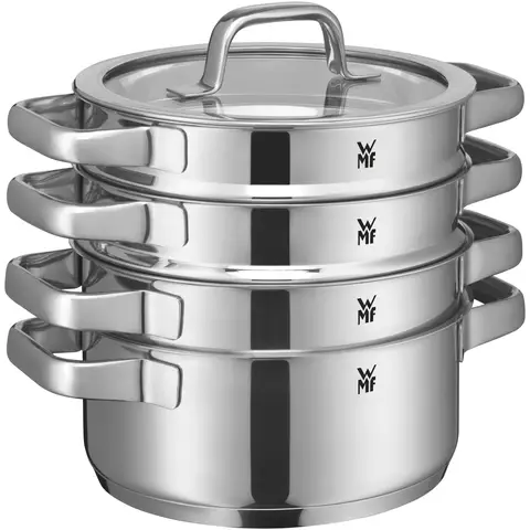 WMF Compact-Cuisine-Induktions-Kochgeschirr-Set, 4-teilig, Kochtöpfe mit Glasdeckeln, polierter Cromargan-Edelstahl, unbeschichtete Induktionspfannen, Innenskalierung