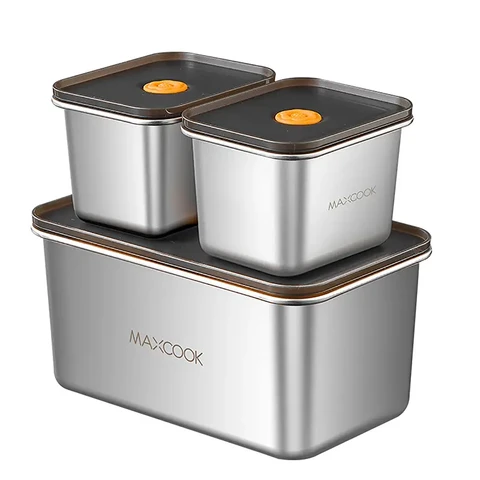 Maxcook 3pcs - 304 Stainless Steel Crisper Lunch Box Refrigerator Sealed Storage Box MCFT1434 - with Lid