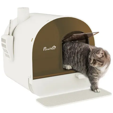 PawHut Hooded Cat Litter Tray with Slide-Out Drawer, Enclosed Cat Litter Box with Anti-Tracking Mat, Scoop, Filter White