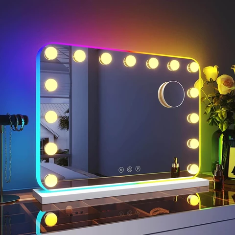 SONNI Hollywood Mirror with RGB Lighting Makeup Mirror with 3 Color Temperature Light and 10X Detachable Magnifier, Wall Mirror, Table Mirror 58x43cm