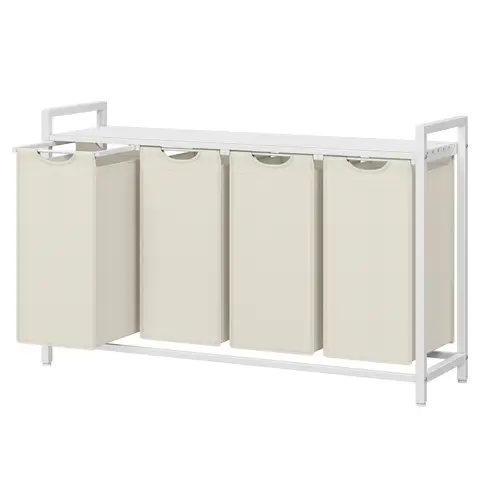 JOYFURNOS Panier à Linge à 4 Compartiments, Sacs Intérieurs Amovibles et Coulissants, Trieur de Vêtements avec Étagère, Structure Métallique, 4 x 40 L, 116 x 33 x 72 cm, Blanc Crème et Blanc Mat