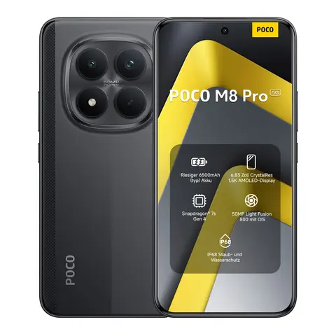 POCO M8 Pro 5G Schwarz 12 GB RAM 512 GB ROM, 6,83 Zoll AMOLED CrystalRes 1,5K Display, Snapdragon 7s Gen 4, 50 MP Light Fusion 800 mit Bildstabilisierung