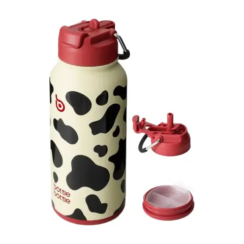 Bottle Bottle Insulated Stainless Steel Water Bottle 950ml(32oz) with Straw, Dual-Use Lid and Pill Box (Cow) for Gym