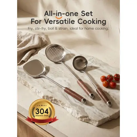 PURECOOK Spatel- en Pollepelserie | 304 | Houten Handvat | 3-delige Spatel- en Pollepelset