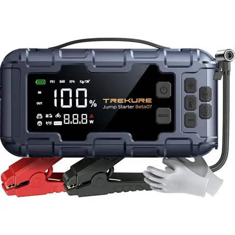 TREKURE Beta07Auto-Starthilfegerät 12V Auto-Notstartgerät & Luftkompressor ,8000A Spitzenstrom, 160PSI, 3.3" Smart-Display, 45W PD Schnellladung, 600LM LED-Notleuchte, inkl. Isolierhandschuhe