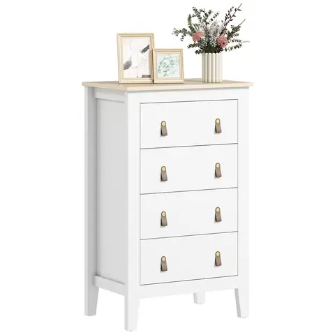 HOMCOM Bedroom Chest of Drawers, Modern 4 Drawer Dresser Cabinet with PU Leather Handles and Metal Runners White