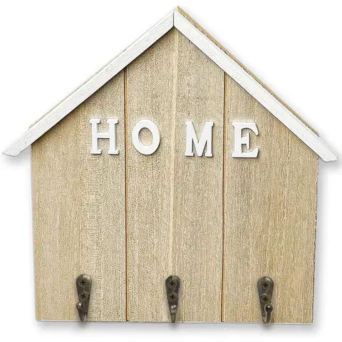 Alphynix 1pc House-Shaped Key Holder, "HOME" Wall Mounted Organizer with 3 Antique Metal Hooks, Entryway Storage Rack for Keys & Mail, Wooden