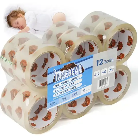 TAPEBEAR No Noise Packing Tape, Upgraded High Transparency 2.6mil x 1.88" x 55 Yards Quiet Packaging Tape Refill
Rolls, Heavy Duty shipping Tape for Sealing, storage Moving, 12 Rolls, Total
660Yards