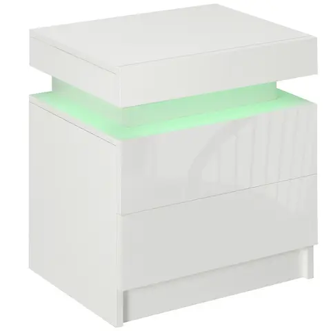 HOMCOM High Gloss Front Bedside Table, APP Control Nightstand with RGB LED Light and 2 Drawers, Chest of Drawers White