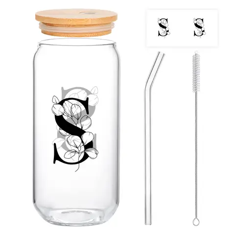 Alphynix 1 modernes Glas, 500ml hohes Eiskaffeeglas mit Monogramm "S"-Design, Bambusdeckel & Strohhalm, Kaltgetränkebecher für Eistee, Saft, Boba,Geschenk zum valentinstag, geschenk zum geburtstag