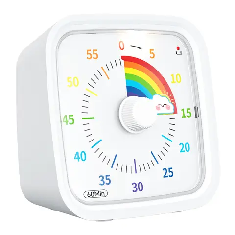 Yunbaoit Regenbogen Visueller Timer mit Schutzhülle,geräuschloser 60-Minuten Countdown Timer für Kinder und Erwachsene ohne Ticken,Zeitmanagement-Tool mit optionalem Alarm (Weißer Regenbogen)