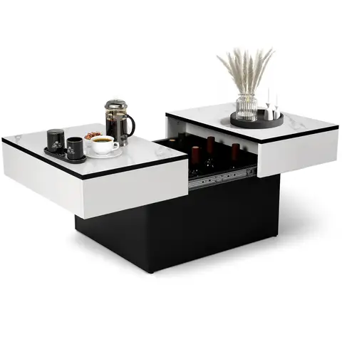 VOWNER Salontafel, Uitschuifbare Tafel voor Woonkamer, 2 Verborgen Opbergvakken, Moderne Hoogglans Afwerking 80X58X40CM Wit marmer