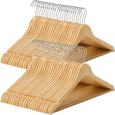 SONGMICS Wooden Hanger, 44.5x23x1.2cm, Wood Colour and Silver, Set of 50