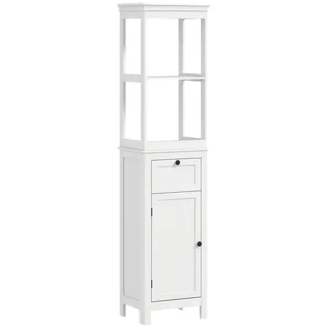 HOMCOM Tall Bathroom Cabinet, Slim Bathroom Storage Cabinet with 2 Open Shelves, Soft Close Door and Drawer, Adjustable Shelf, Narrow Cupboard Storage Unit, White