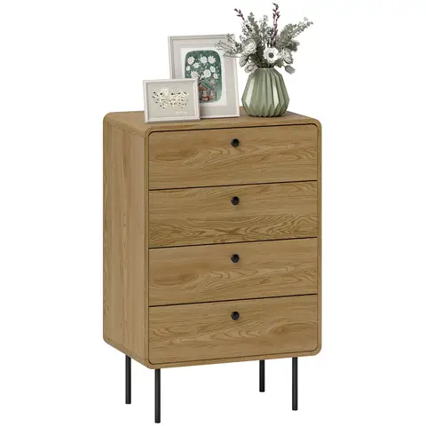 HOMCOM Modern Chest of Drawers with 4 Drawers, Dresser with Wood Handles and Steel Legs for Bedroom, Living Room, Entryway, 60W x 39D x 91.5H cm, Oak