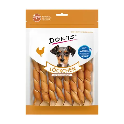 DOKAS – Hühnerbrust Löckchen 120g – Spiralförmige Kau-Sticks – Mit Huhn Überzogen – Getreidefrei, Sojafrei