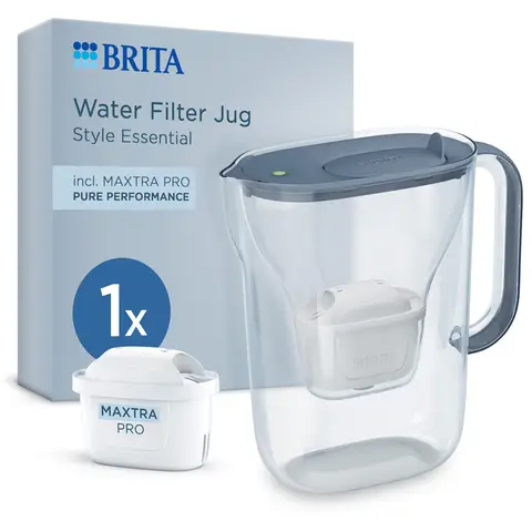 BRITA Water Filter Jug Style Essential Stone Blue incl 1x MAXTRA PRO Pure Performance - Fridge-Fitting Design Pitcher with Smart LED-LTI and Flip-Lid Reduces Chlorine, Limescale and Impurities