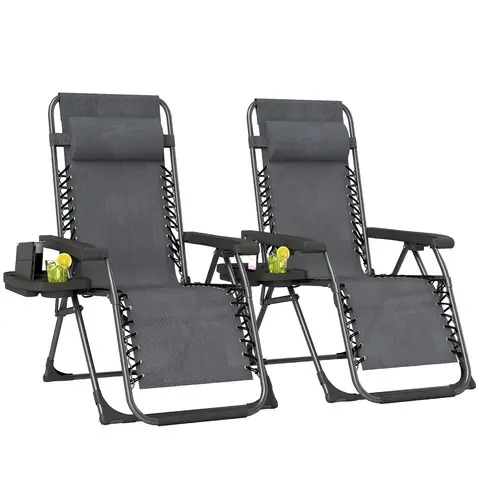 Outsunny Zero Gravity Chairs Set of 2, Folding Adjustable Sunloungers Garden Recliners with Cup Holder and Headrest, Reclinin