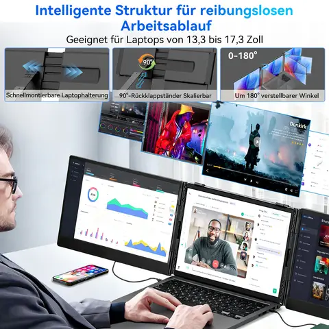 Blackview DCM6 Laptop-Bildschirm-Erweiterung - 1KG, 14" FHD 1080P Tragbarer Monitor für 13,3"-17,3" Laptops, HDMI/USB-A/USB-C Monitor für Mac/Windows/Android/Chrome, Plug-and-Play