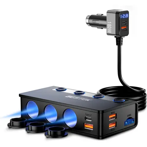 BESTEK Distributeur de prise de cigarette 9-en-1 180 W, chargeur de voiture avec 65 W PD et 4 ports QC3.0, adaptateur USB‑C avec LED pour iPhone, Dash Cam, iPad et GPS