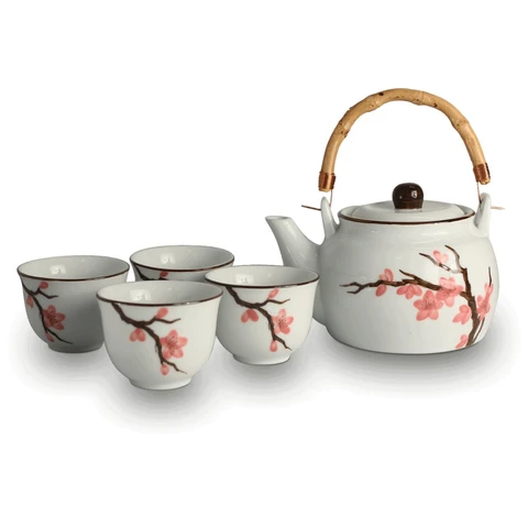 Edo Japanese Tea Set - Cherry Blossom Pattern (1 Teapot + 4 Tea Cups) Ceramic Tea Set 800ML