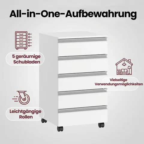 HaluPeit Rollcontainer, mobiler Aktenschrank, 5-Schubladen-Schrank, Aufbewahrungsschrank für Büro und Homeoffice, Weiß, 40 x 40 x 70 cm
