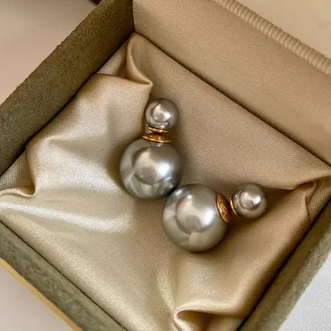 Voxis Donkergrijs klassieke dubbele parel oorbellen met twee parels aan beide kanten, lichte luxe, high fashion, niche nieuwe producten 8mm and 16mm