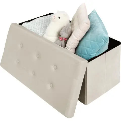 WOLTU Sitzbank mit Sitzkissen, Faltbare Aufbewahrungsbox Fußablage, Gepolsterter Sitz aus Samt, Max. statische Belastbarkeit 300 kg, 80 L, 76x37.5x38 cm, Cremeweiß
