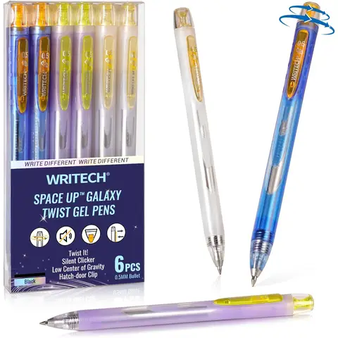 WRITECH Twist Gel Ink Pens: Fine Point 0.5mm Black ink 6ct Low Center of Gravity Rotatable Pen No Smear Silent Click Space Up Gel Galaxy