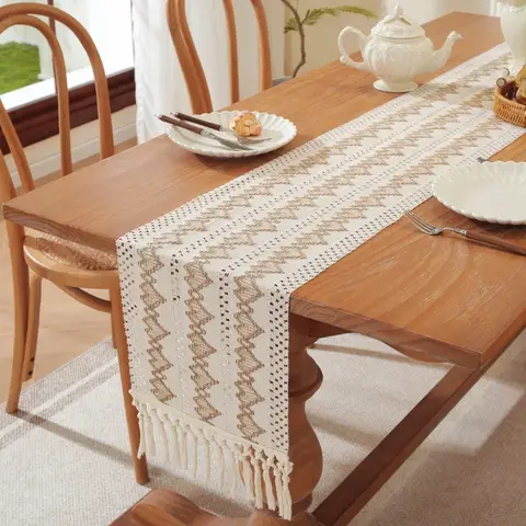 Boho Table Runner 5pcs table runner and placemat, Farmhouse Rustic Dining Kitchen Centerpiece Decor Small Macrame Woven Coffee Table Runner for Dresser Scarf Home Decor 12x72 inch*1,12.5*16.5inch*4,wavy brown