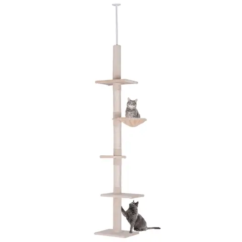 PawHut Floor to Ceiling Cat Tree 230-260cm Height Adjustable, 5-Tier Cat Tower with Scratching Posts, Hammock, Perches, Climbing Activity Centre for Indoor Kittens Playing and Relaxing, Beige