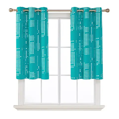 Deconovo Blackout Silver Foil Print Small Check 6 White Grommet Pair Curtains, 2Pcs W97xL183 Peacock Blue