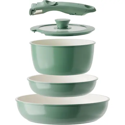 [Offres d'été 15 € de réduction - Code : RCOOK15EU] Redchef Batterie de cuisine en céramique 5 pièces, comprend une casserole de 20 cm avec couvercle & des poêles de 20 cm/26 cm & poignée amovible, sans PTFE/PFOA/PFAS, compatible lave-vaisselle, couleur extérieure vert foncé & couleur intérieure crème