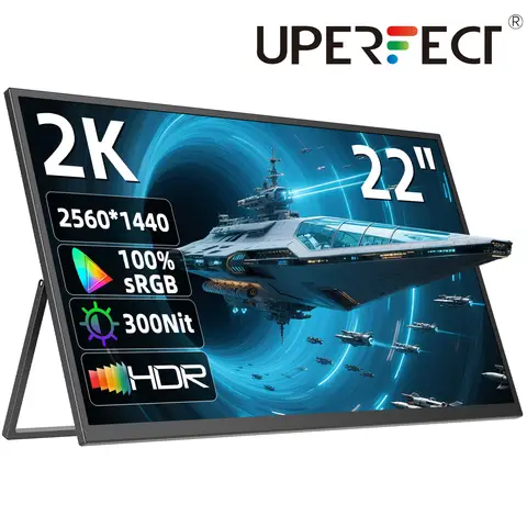 UPERFECT 22" 2K Portable Monitor with 2560 x 1440 QHD IPS 180° Adjustable Stand USB-C Mini HDTV Double Speaker for Laptop PC PS4/5 Switch/Xbo, VESA Compatible