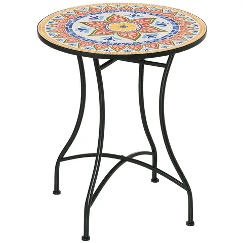 Outsunny 60 cm Mosaic Garden Table, Small Round Outdoor Side Table with Ceramic Top, Plant Stand for Patio, Balcony, Red
