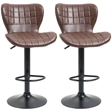 HOMCOM Bar Stools Set of 2 Adjustable Height Swivel Bar Chairs in PU Leather with Backrest & Footrest, Brown