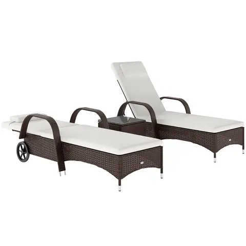 Outsunny Rattan Sun Loungers for Garden Set of 2 with Side Table, Garden Recliner Sunbeds with Adjustable Back, Wheels, Cushions and Headrest, 3 Pieces Garden Furniture Set for Outdoor, Patio, Brown