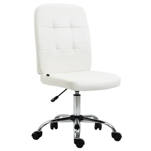 Vinsetto Armless Office Chair, Faux Leather Desk Chair with Adjustable Height, Button Tufted, White