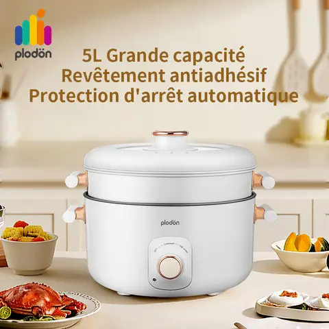 Plodon Fondue chinoise électrique multifonction 1200 W, 5 L, Marmite électrique, avec panier vapeur, cuve antiadhésif, pour wok, braiser et vapeur