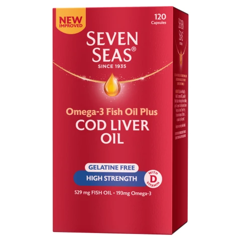 Seven Seas Omega-3 Fish Oil Plus Cod Liver Oil Gelatin Free 120 Capsules